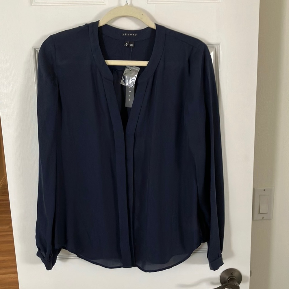 Theory Blue Silk button up top Size M